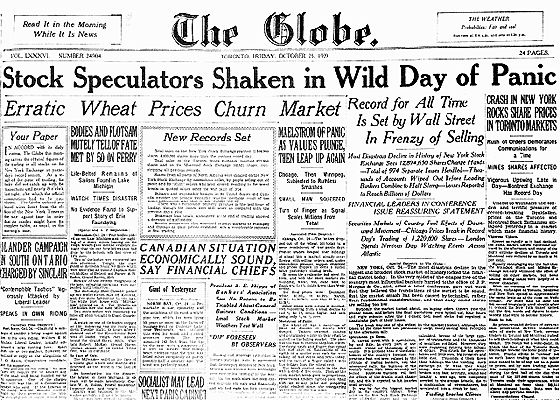 Première page du «The Globe» lors du krach boursier de 1929