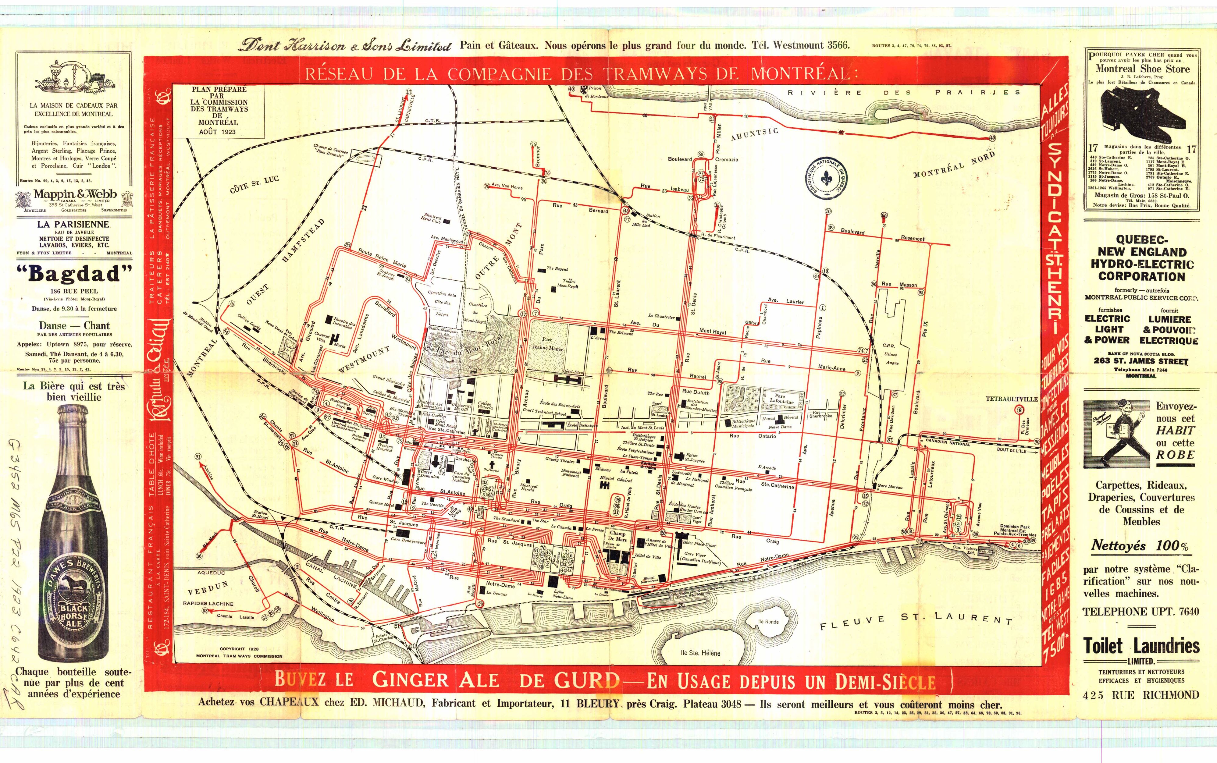 Carte détaillée du réseau de la Compagnie des tramways de Montréal
