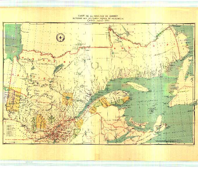 Carte géographique de la province de Québec indiquant ses principales régions de colonisation
