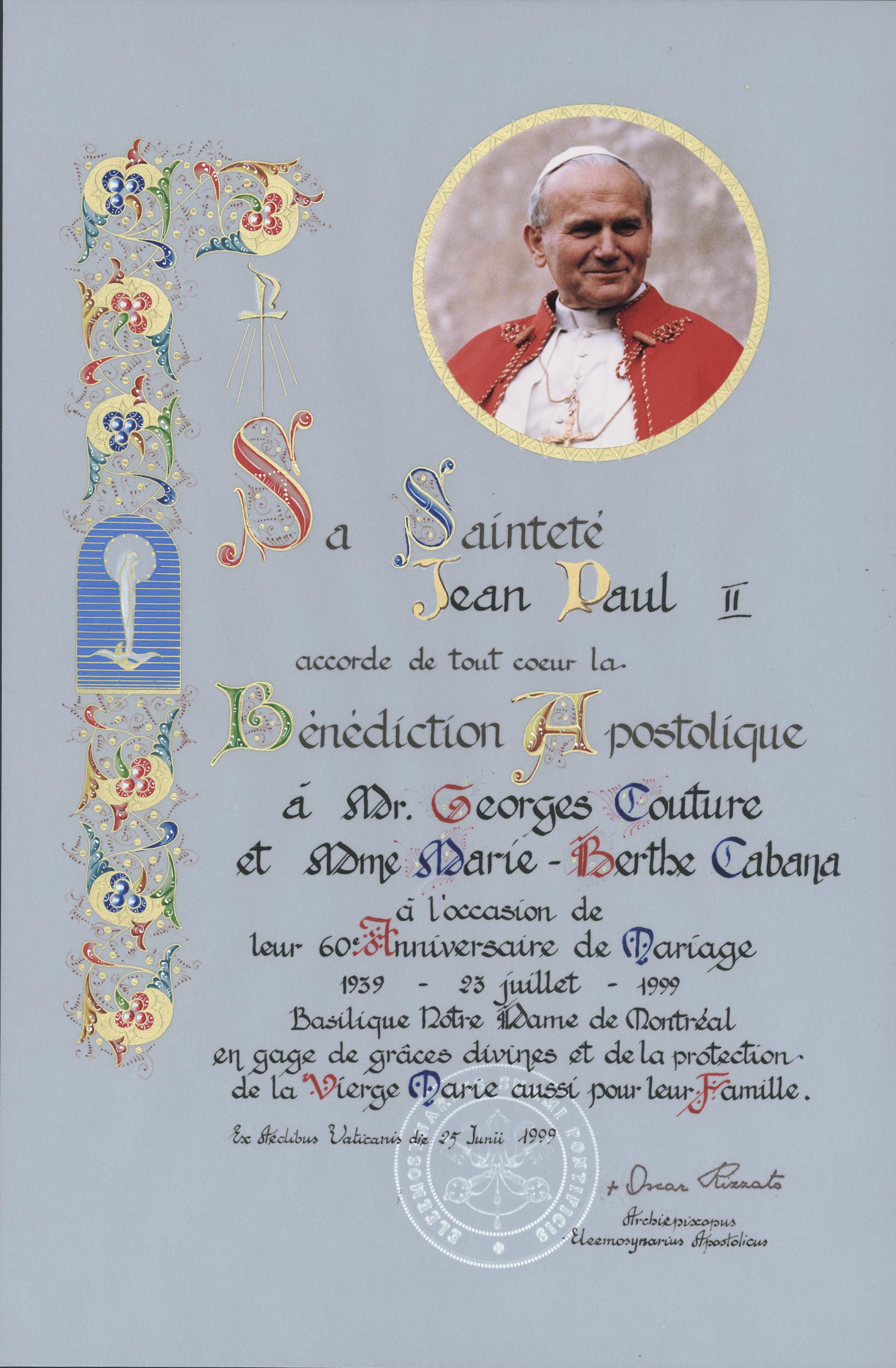Bénédiction de Jean Paul II donnée au couple Couture pour leur commémorer le soixantième anniversaire de mariage jociste de 1939.
