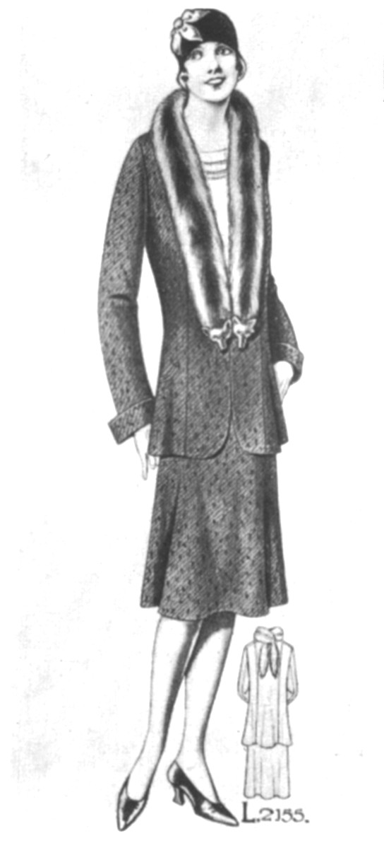Costume de femme en tweed avec en-dessous un corset applatissant la poitrine
