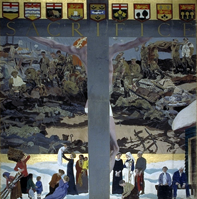 Oeuvre du peintre Charles Sims utilisant la crucifixion pour rendre l'expérience canadienne de la guerre outre-mer et sur le front domestique