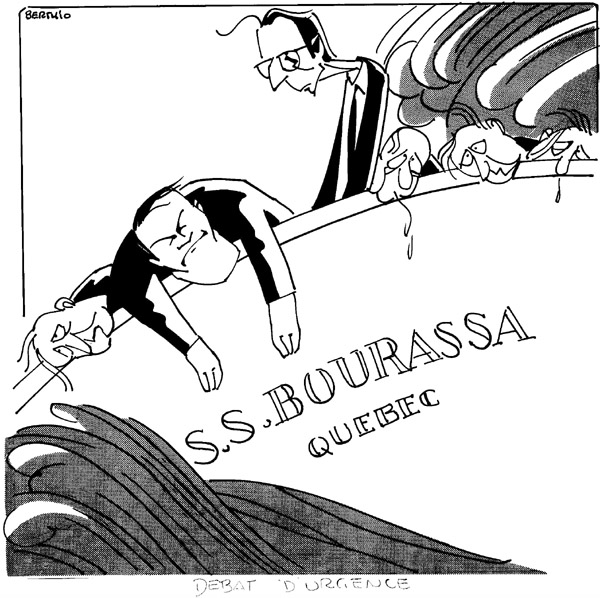 Caricature de Robert Bourassa et de quelques membres de son cabinet sur un navire en difficulté