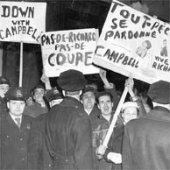 Émeute sur la rue Ste-Catherine pour protester contre la suspension de Maurice Richard par le président de la LNH, Clarence Campbell, en mars 1955